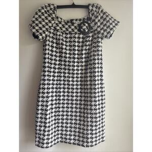 Dressbarn Petite 6 Gray Houndstooth Square Neck Sheath Cotton Spandex